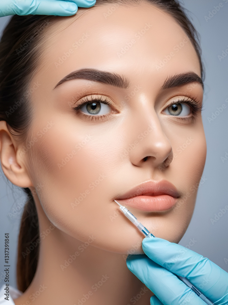 Close-up doctor making microinjections of filler to female client forehead Close-up doctor making microinjections of filler to female client forehead