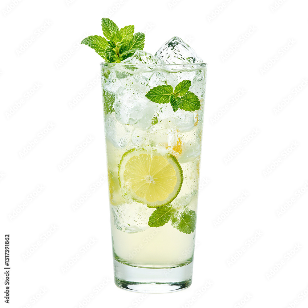 Refreshing lemonade in a glass garnished with mint leaves and ice cubes on a white background Perfect for summer menus and beverage concepts Refreshing lemonade in a glass garnished with mint leaves and ice cubes on a white background Perfect for summer menus and beverage concepts