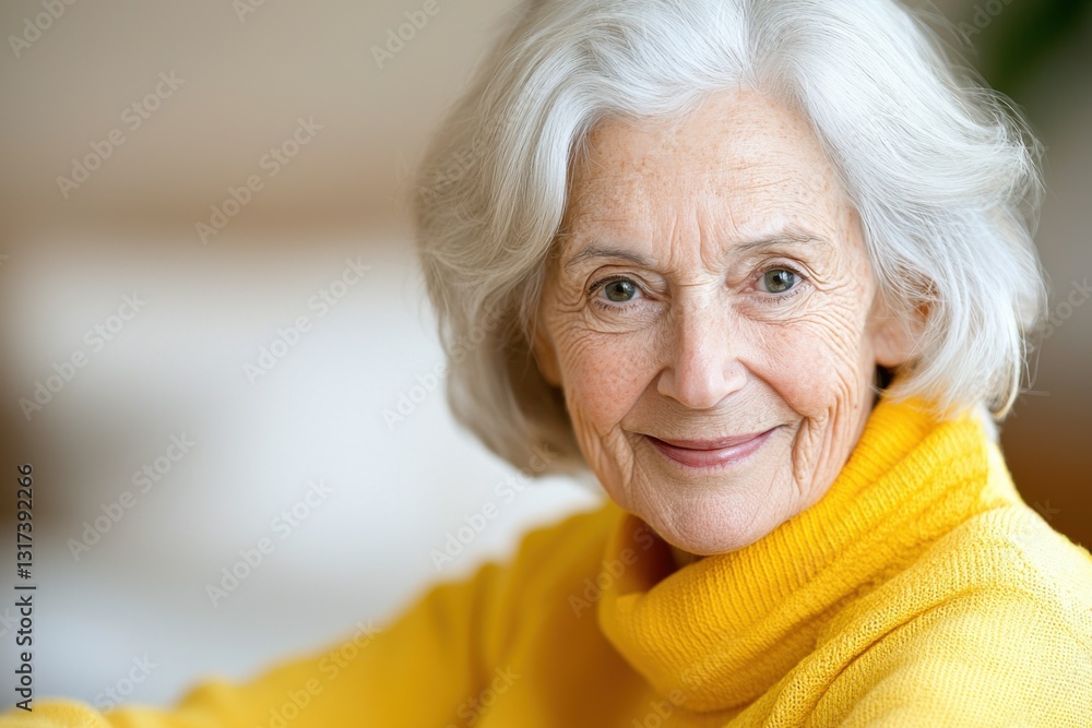 Warm smile of an elderly woman cozy indoor setting portrait photography soft lighting close-up aging gracefully Warm smile of an elderly woman cozy indoor setting portrait photography soft lighting close-up aging gracefully