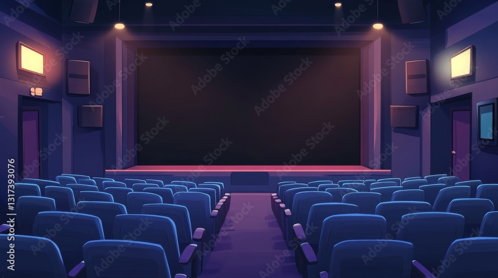 Empty theater auditorium with rows of blue seats and a stage under soft lighting Empty theater auditorium with rows of blue seats and a stage under soft lighting