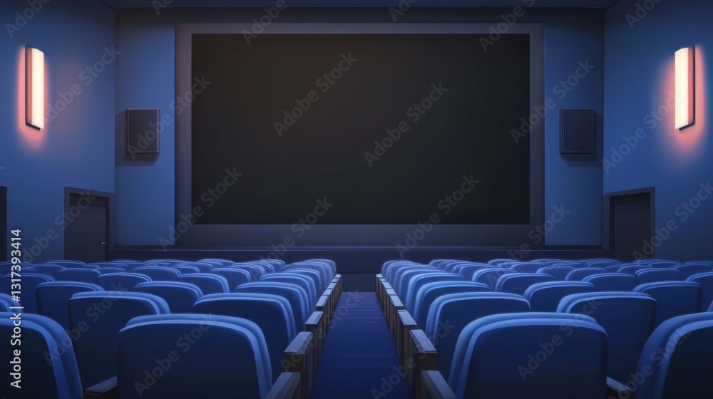 Fototapeta premium Empty movie theater auditorium with blue seats and large screen for film watching experience