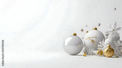 Elegant White and Gold Christmas Ornaments with Snowflakes on a Minimalist White Background in Soft Light Perfect for Holiday Theme