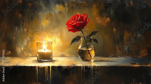 A classical oil painting of a single red rose in a delicate glass vase, soft candlelight reflecting off the surface, wax drippings beside it, warm golden hues blending with deep shadows,
