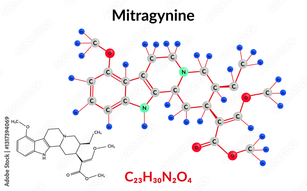 Naklejka premium Mitragynine herbal alkaloid molecular structure formula, ball-and-stick model, suitable for education or chemistry science content. Vector illustration