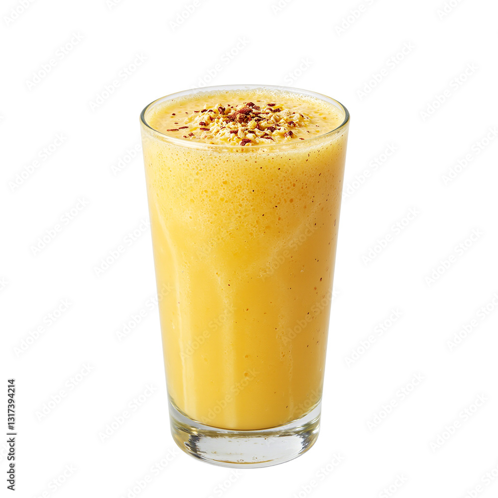 Refreshing mango lassi in a tall glass with a hint of cardamom against a white backdrop Creamy tropical delight for your senses Refreshing mango lassi in a tall glass with a hint of cardamom against a white backdrop Creamy tropical delight for your senses