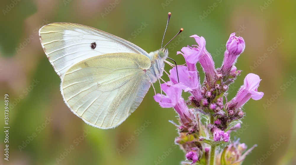 Pale butterfly feeding on purple flower. Pale butterfly feeding on purple flower.