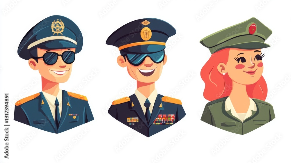 Military characters in uniform with sunglasses and hats for cartoon design concept and fashion illustration Military characters in uniform with sunglasses and hats for cartoon design concept and fashion illustration