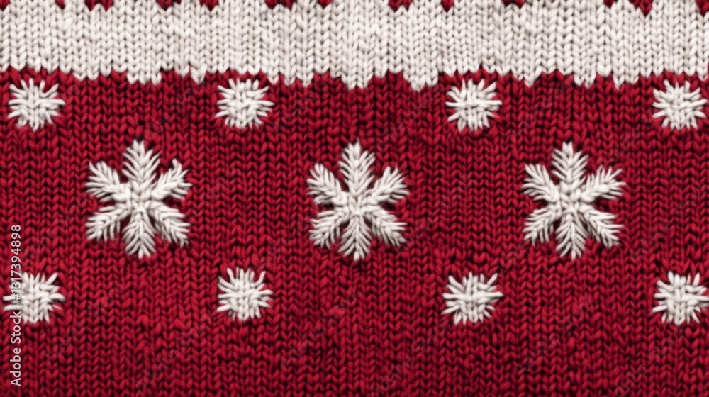 Festive red and white snowflake knit texture for winter design Festive red and white snowflake knit texture for winter design