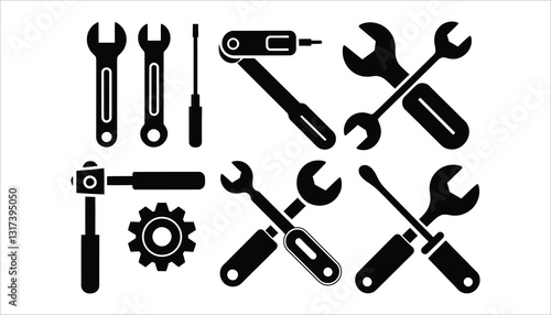 Black Silhouette Hand Tools Vector Set. Wrenches, Screwdrivers, Hammer, Gear Icon.