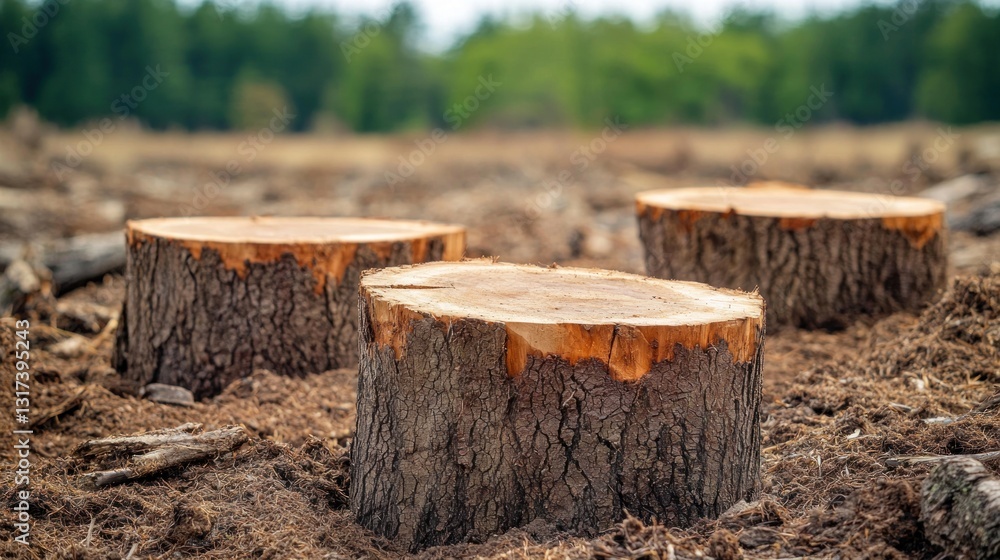 Tree stumps in deforested landscape. Loss of nature visible Tree stumps in deforested landscape. Loss of nature visible
