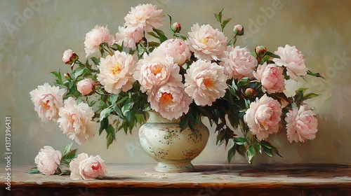 A delicate oil painting of peonies in soft blush and cream tones, arranged in an antique ceramic vase, gently overflowing onto an aged wooden table, warm candlelight casting gentle shadows,