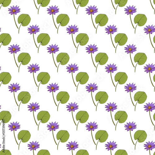 Seamless vector pattern with hand drawn Blue lotus (Nymphaea nouchali). Vector illustration