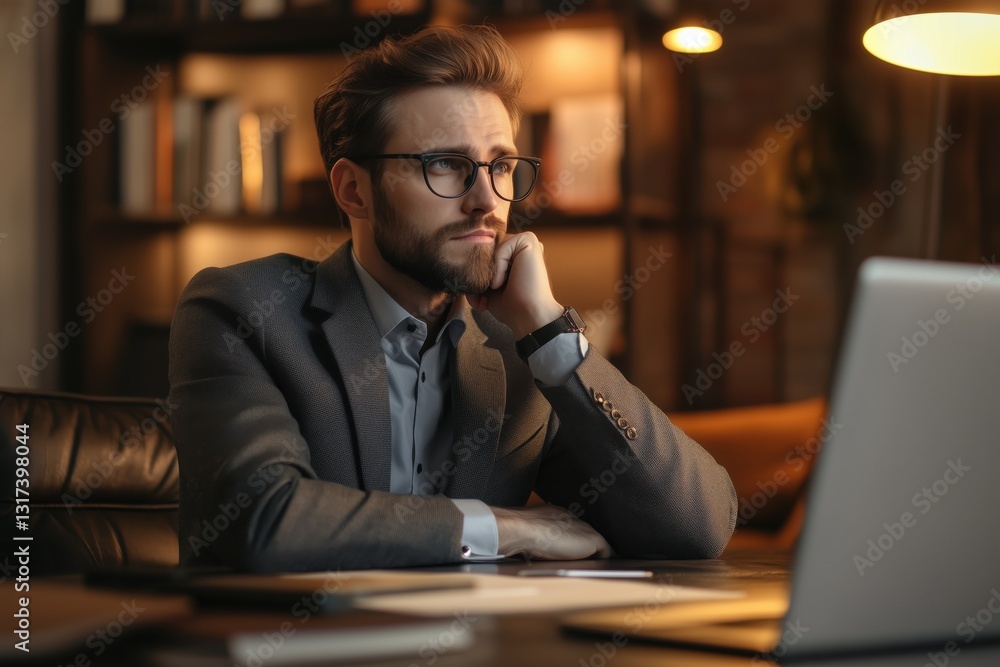 Visionary corporate executive analyzing strategies on laptop in modern office space Visionary corporate executive analyzing strategies on laptop in modern office space
