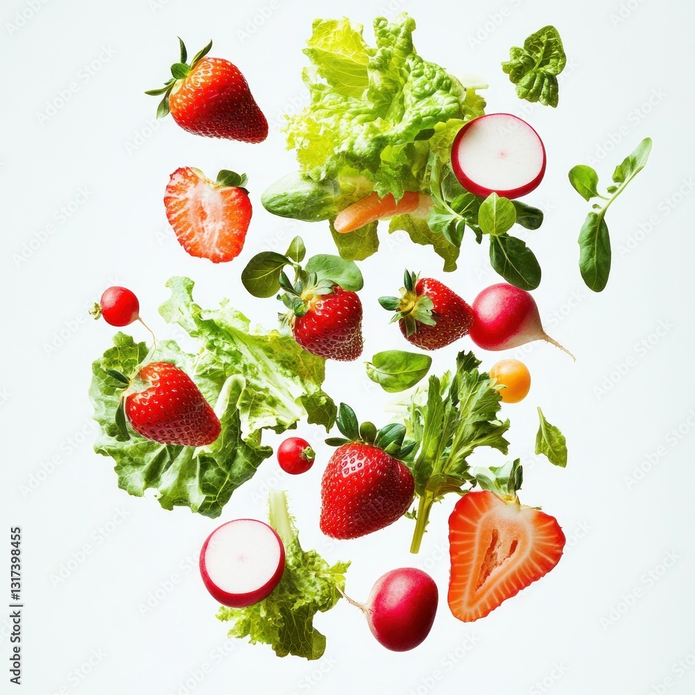 Fresh, vibrant fruits and vegetables in mid-air. A colorful array of strawberries, lettuce, radishes, and other produce Fresh, vibrant fruits and vegetables in mid-air. A colorful array of strawberries, lettuce, radishes, and other produce