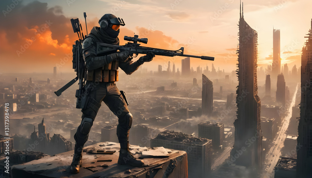 Futuristic Soldier in Urban Landscape with Weapon at Sunrise Futuristic Soldier in Urban Landscape with Weapon at Sunrise