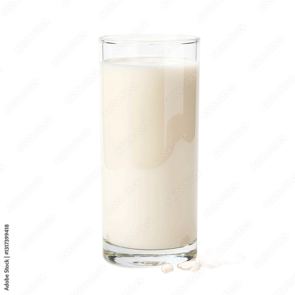 Delicious almond milk in a clear glass showcasing its creamy texture and nutty essence against a pristine white backdrop Delicious almond milk in a clear glass showcasing its creamy texture and nutty essence against a pristine white backdrop