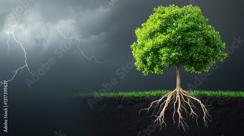 Planting trees for future generation, majestic tree with deep roots stands strong against stormy sky