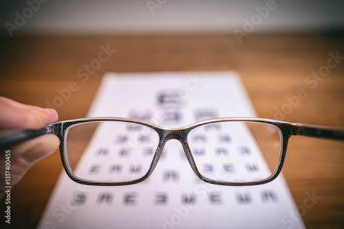 Brille wird vor eine unscharfe Sehtafel gehalten, der Fokus liegt auf den Gläsern. Symbolisiert Sehschärfe, Augenuntersuchung, Fehlsichtigkeit und Optik.
 photo