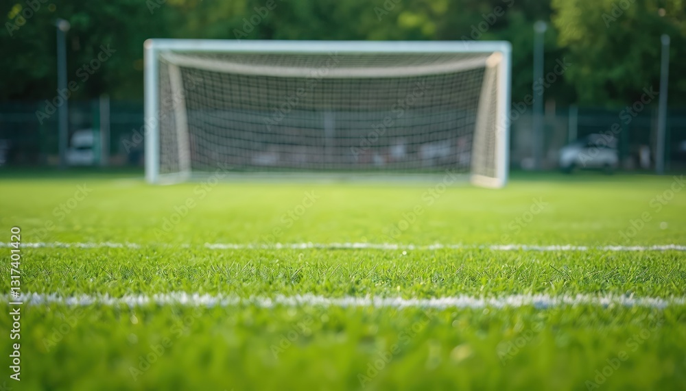 Fototapeta premium Empty football goal on green grass pitch with white line marks, lawn field. Summer day anticipation of soccer competition match tournament activity, Nobody. Recreation leisure place for healthy