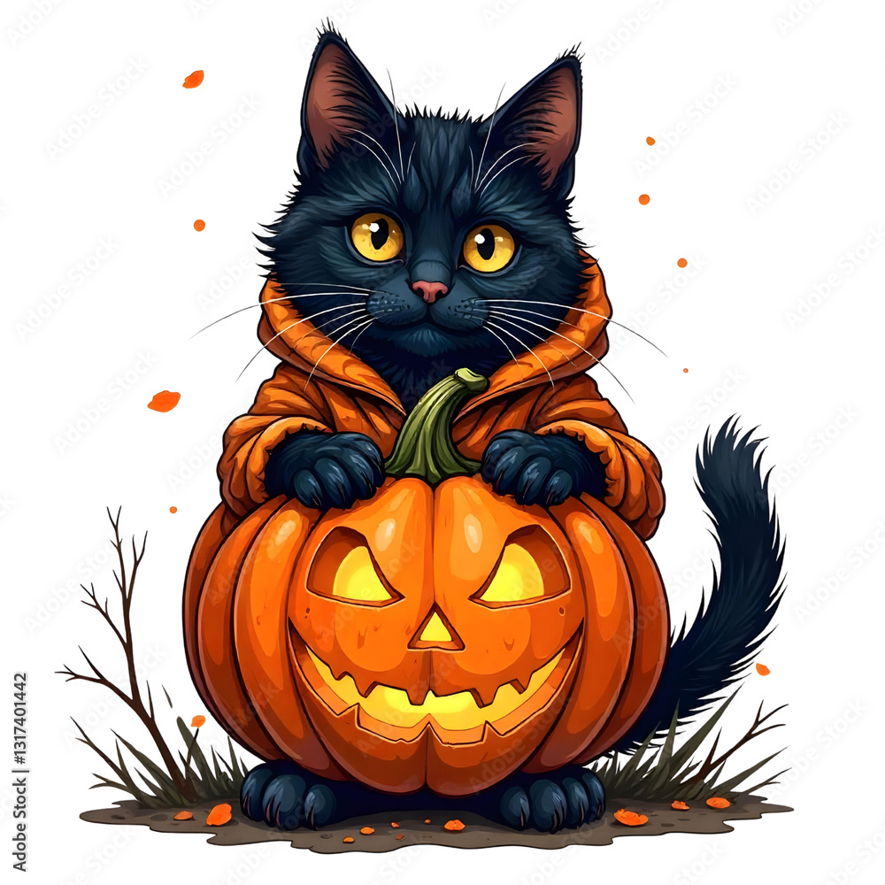 Black Cat Wearing a Cute Pumpkin Costume Sitting Among Halloween Decorations in Festive Autumn Setting Black Cat Wearing a Cute Pumpkin Costume Sitting Among Halloween Decorations in Festive Autumn Setting