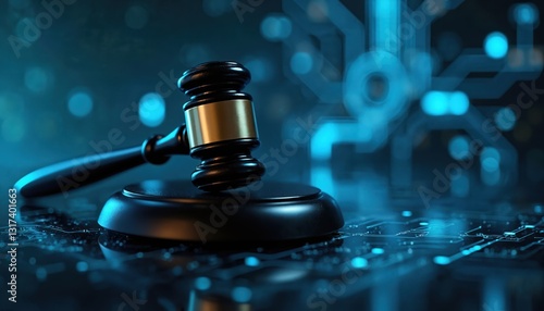 Gavel in futuristic digital jurisdiction. AI tech challenges legal compliance. Automation, artificial intelligence regulation, modern law. Innovation computerized justice enforce, oversee, monitor