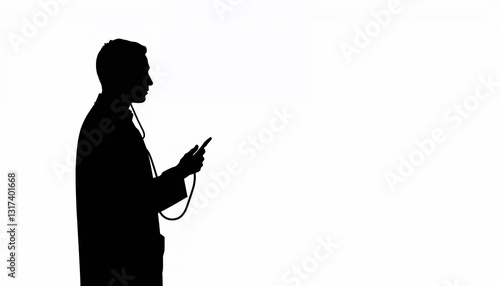 Silhouette of a doctor using a smartphone against a white background