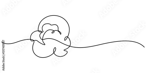 single popcorn continuous one line drawing, One single line drawing of fresh salty pop corn with stripped pattern paper bucket vector graphic illustration. Snack for watching movies concept. Modern. 