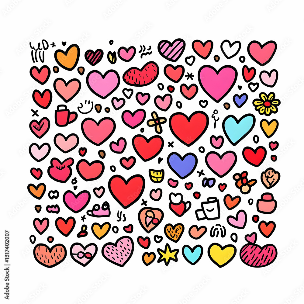 Colorful Hand-drawn Hearts Pattern on Bright Background Colorful Hand-drawn Hearts Pattern on Bright Background