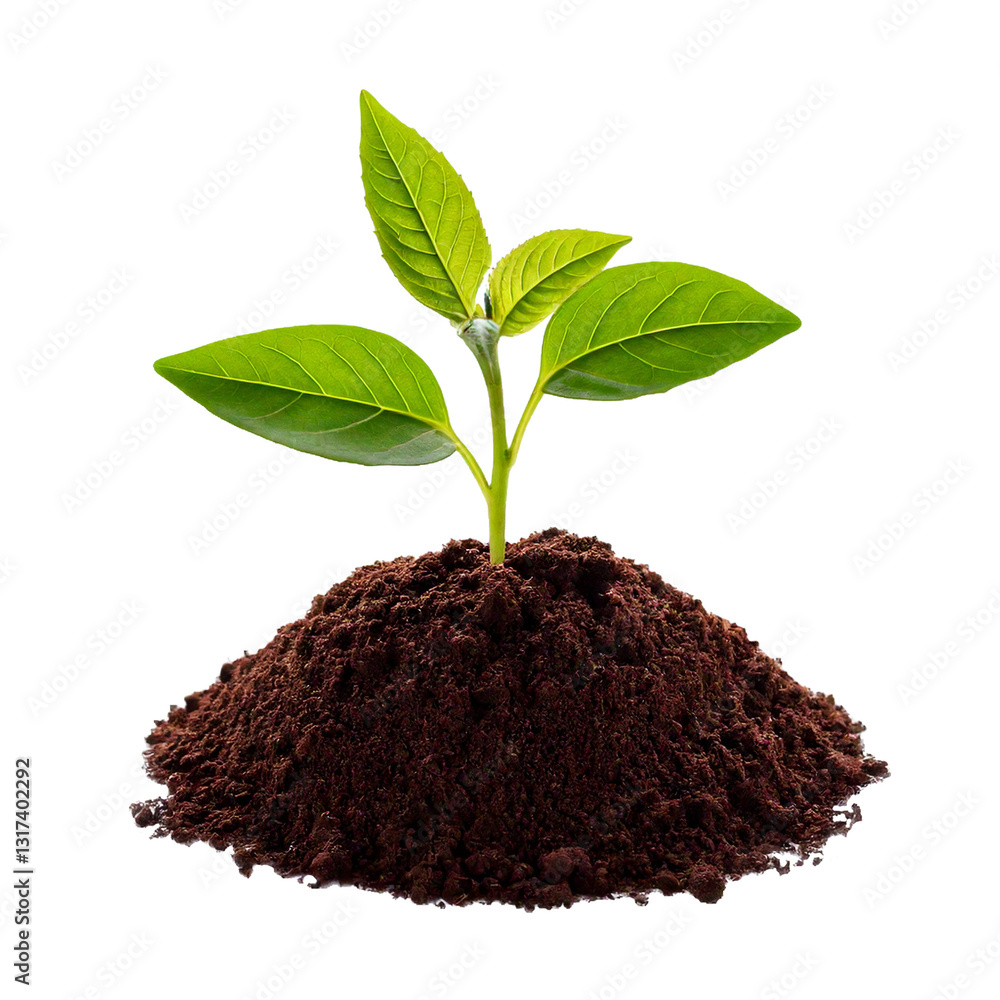 young seedling plant growing from a pile of soil isolated on white