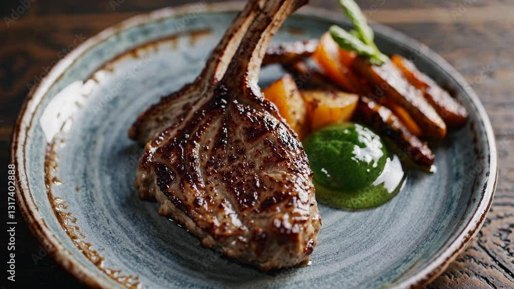 Gourmet rack of lamb with herb crust and green vegetable puree on elegant plate, luxury restaurant meat dish with perfectly cooked chops, premium dinner entree with sophisticated presentation