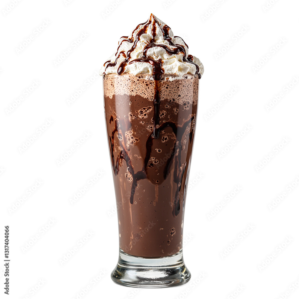 Indulge in a luxurious dark chocolate milkshake with whipped cream and chocolate syrup swirls on top against a crisp white background Indulge in a luxurious dark chocolate milkshake with whipped cream and chocolate syrup swirls on top against a crisp white background