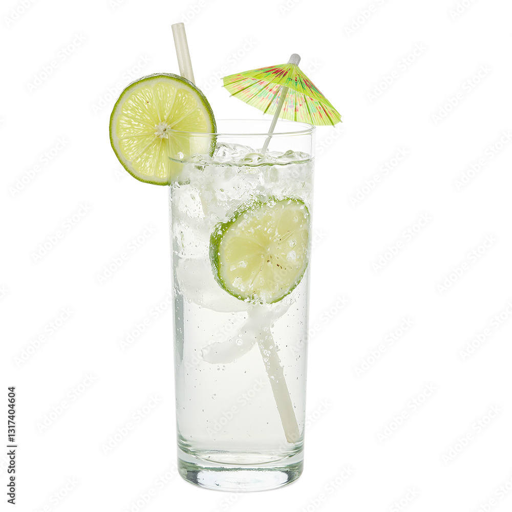 Refreshing coconut water with lime and umbrella giving a tropical vibe Isolated on white for a clean fresh look Refreshing coconut water with lime and umbrella giving a tropical vibe Isolated on white for a clean fresh look
