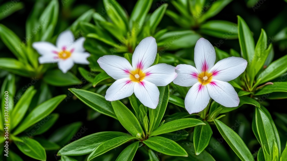Close up view of three white flowers with pink centers, surrounded by lush green leaves. Water droplets are visible on petals and leaves. The image is sharply focused and has a vibrant, natural feel. Close up view of three white flowers with pink centers, surrounded by lush green leaves. Water droplets are visible on petals and leaves. The image is sharply focused and has a vibrant, natural feel.
