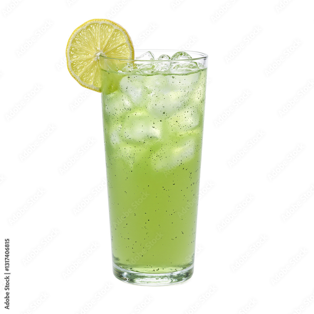 Refreshing iced green tea in a clear glass with a lemon slice on a white backdrop highlighting its coolness and vibrant hue Refreshing iced green tea in a clear glass with a lemon slice on a white backdrop highlighting its coolness and vibrant hue