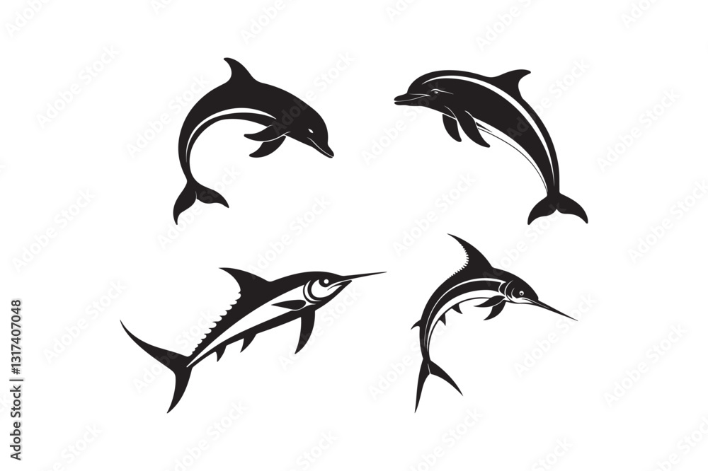 Obraz premium Dolphin and Marlin Silhouette Vector Art Marine Wildlife Illustration