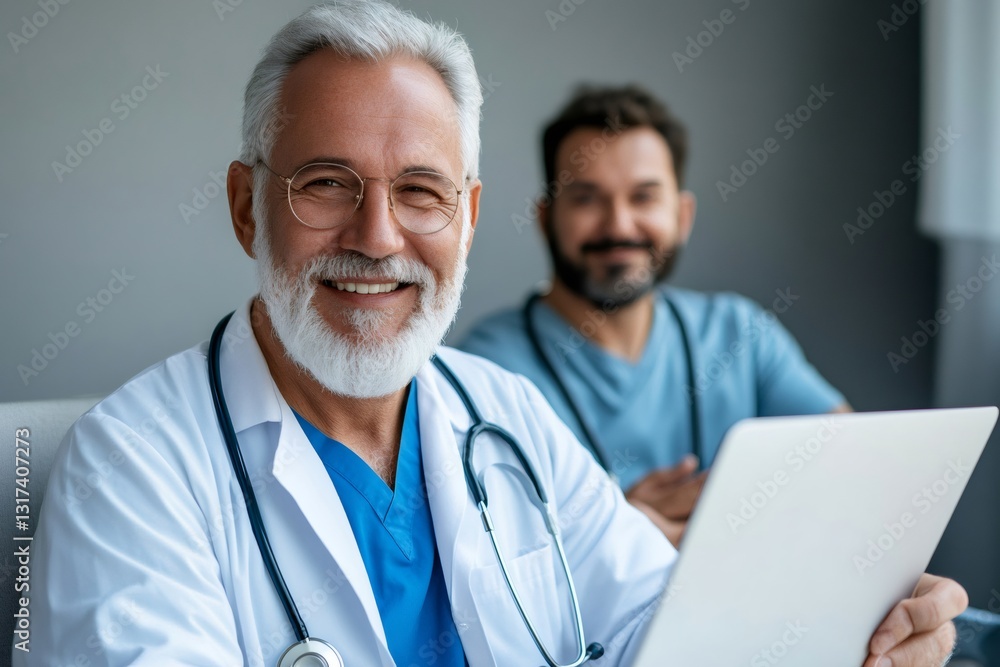 Senior doctor smiling and holding tablet with younger doctor in background