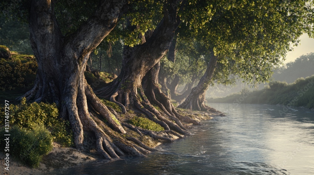 Fototapeta premium Enchanting riverside scenery featuring majestic trees with intertwining root systems