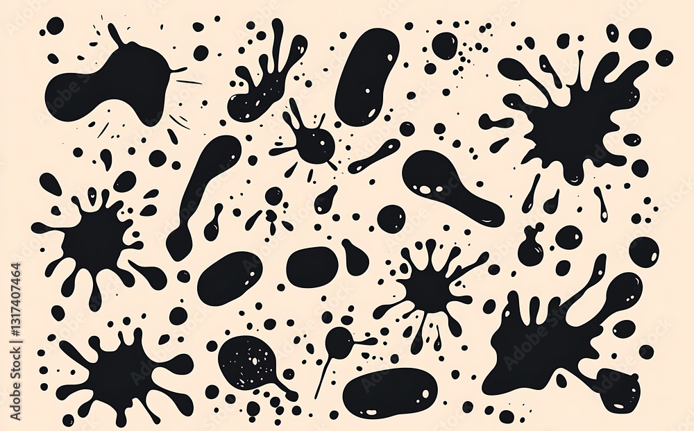 Fototapeta premium Black vector water or paint splashes and drops set, isolated on a white background