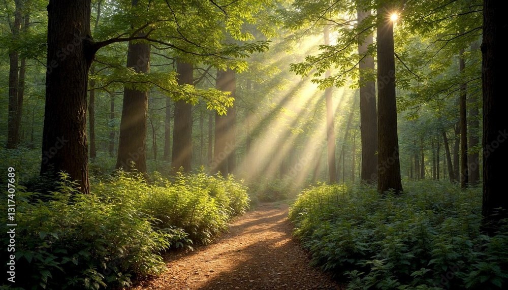 Fototapeta premium Golden Sunlit Path in Serene Forest