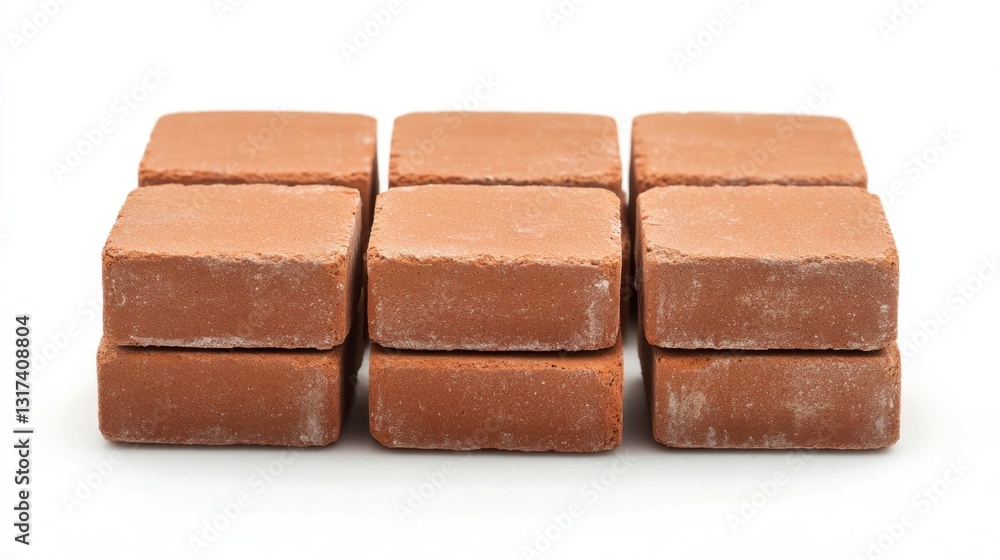 Twelve brown square blocks stacked in two rows on a white background. The blocks have a slightly rough texture. Twelve brown square blocks stacked in two rows on a white background. The blocks have a slightly rough texture.