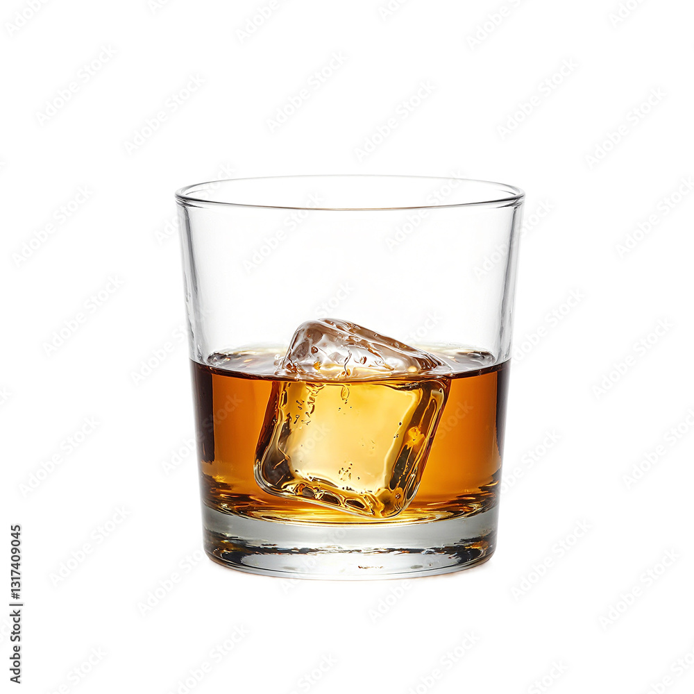 Close up of a glass of amber whiskey with a single ice cube highlighting its rich texture and color on a white background Close up of a glass of amber whiskey with a single ice cube highlighting its rich texture and color on a white background
