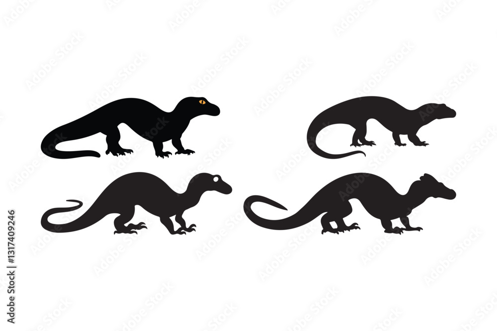 Naklejka premium Komodo Dragon Silhouette Vector Reptile, Lizard, Dinosaur-Inspired Illustration