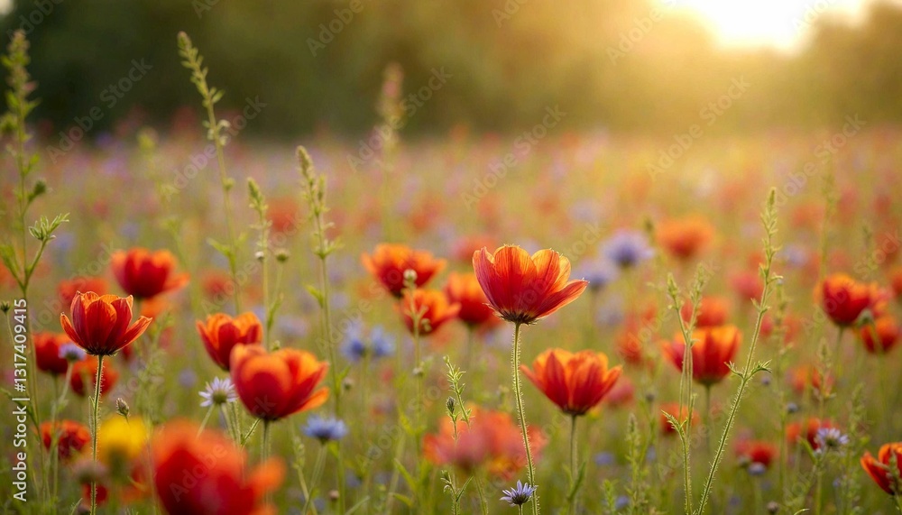 Red Poppies Field Bathed in Sunlight