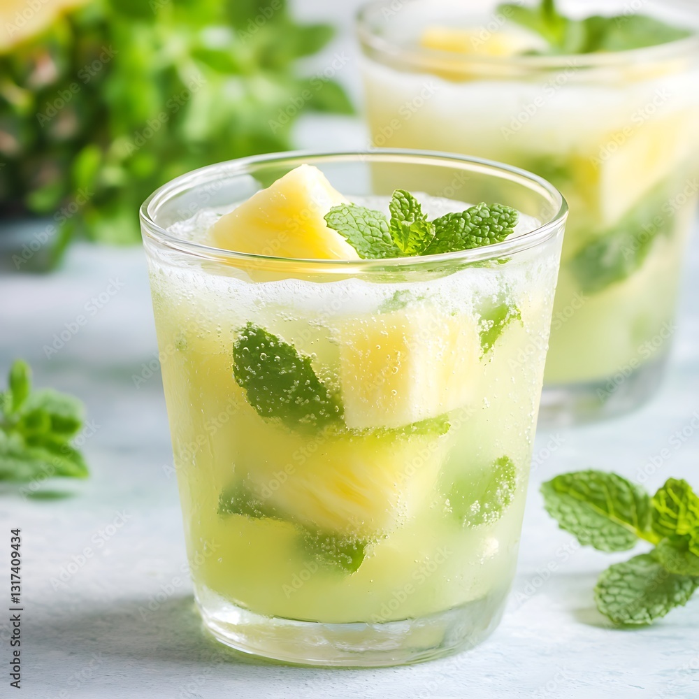 Refreshing minty pineapple mojito home kitchen beverage photography bright setting close-up summer vibes