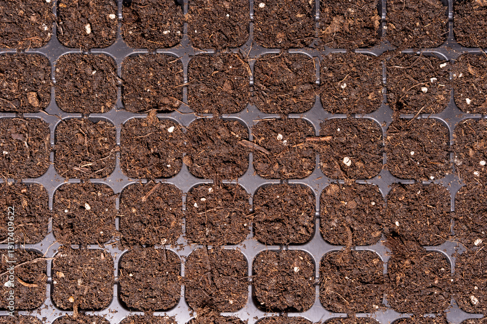 A seedling tray with square compartments filled with soil. The soil includes organic matter and white particles, ideal for starting seeds or propagating small plants in gardening or agriculture.