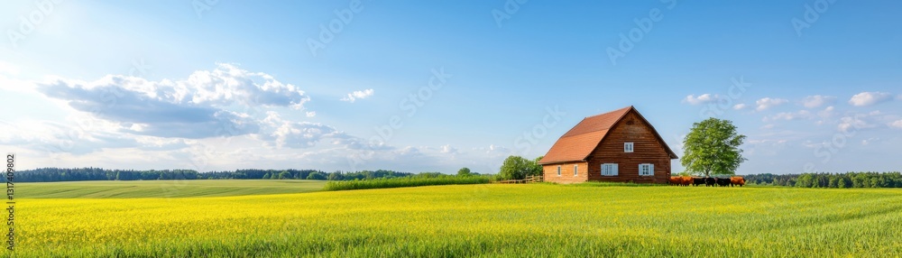 Scenic rural landscape featuring wooden house open field nature photography sunny day wide angle tranquility Scenic rural landscape featuring wooden house open field nature photography sunny day wide angle tranquility