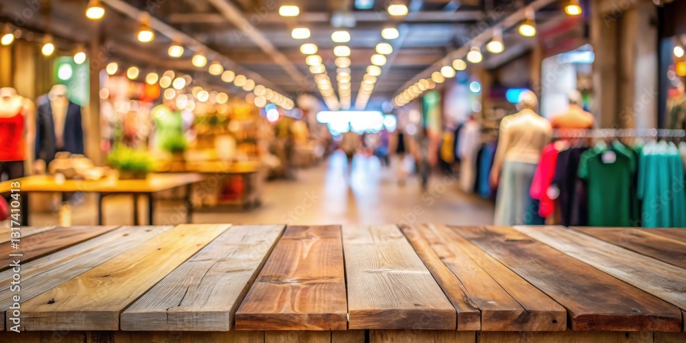 A rustic wooden table surface with a blurred background of a retail space, showcasing mannequins and clothing displayed for sale under warm lighting. A rustic wooden table surface with a blurred background of a retail space, showcasing mannequins and clothing displayed for sale under warm lighting.