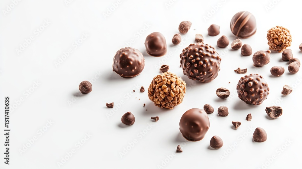 Assorted chocolate truffles and pieces on white background Assorted chocolate truffles and pieces on white background