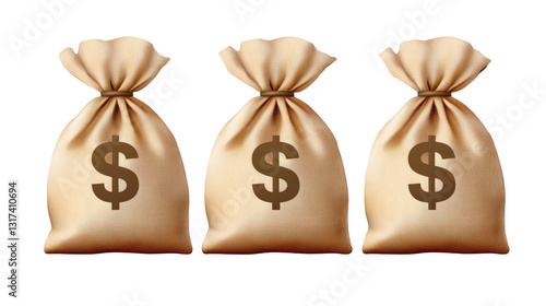 Three Money Bags with Dollar Signs on Light Background
