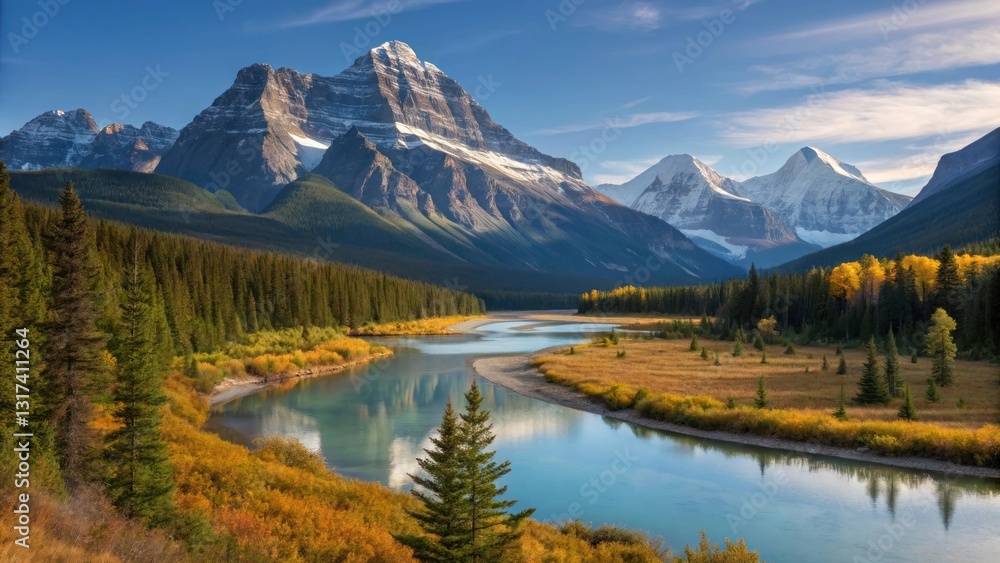 Fototapeta premium Majestic mountain range, Winding river, Lush green forests